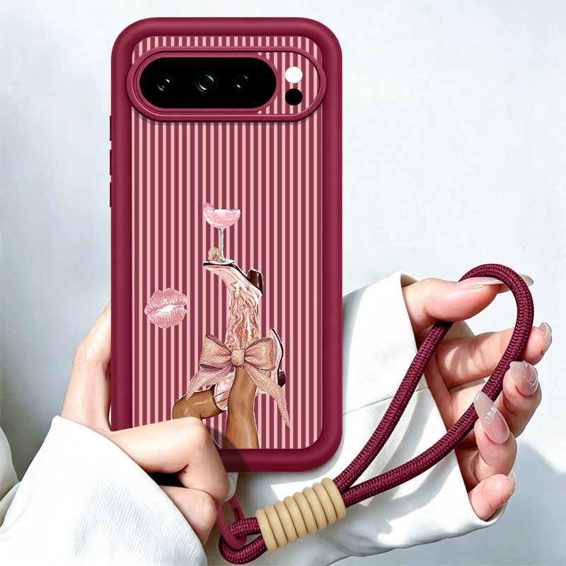 Google Pixel 9 - Striped Wine Glass Pattern Lanyard Phone